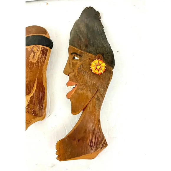 VTG Lot of 4 African Hand Carved Wood Head Profile Faces Wall Art Plaque Unique - Picture 2 of 15